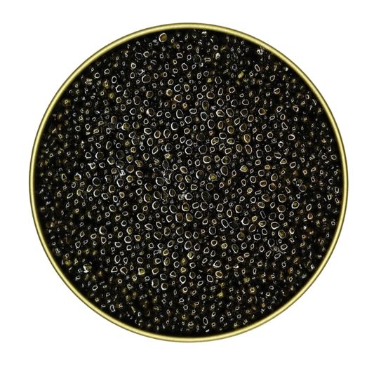 Close-up of White Sturgeon caviar pearls, showing their smooth charcoal color