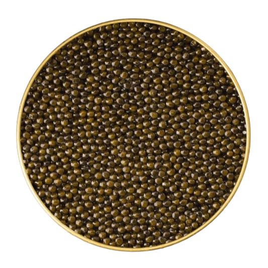Close-up of Reserve Ossetra caviar pearls, showing their nutty golden color