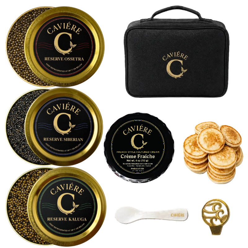 The Reserve Tasting Set from Caviére: three 30g tins of Reserve Siberian, Reserve Kaluga and Reserve Ossetra caviar with blinis, crème fraîche and serving tools