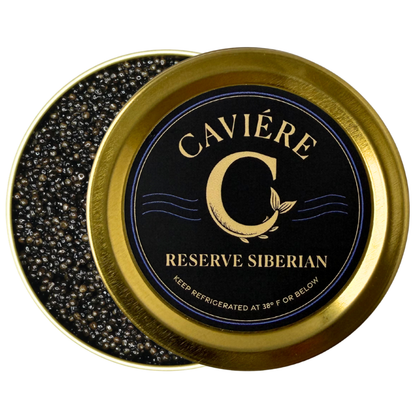 Reserve Siberian caviar tin from Caviére with medium, deep onyx colored pearls