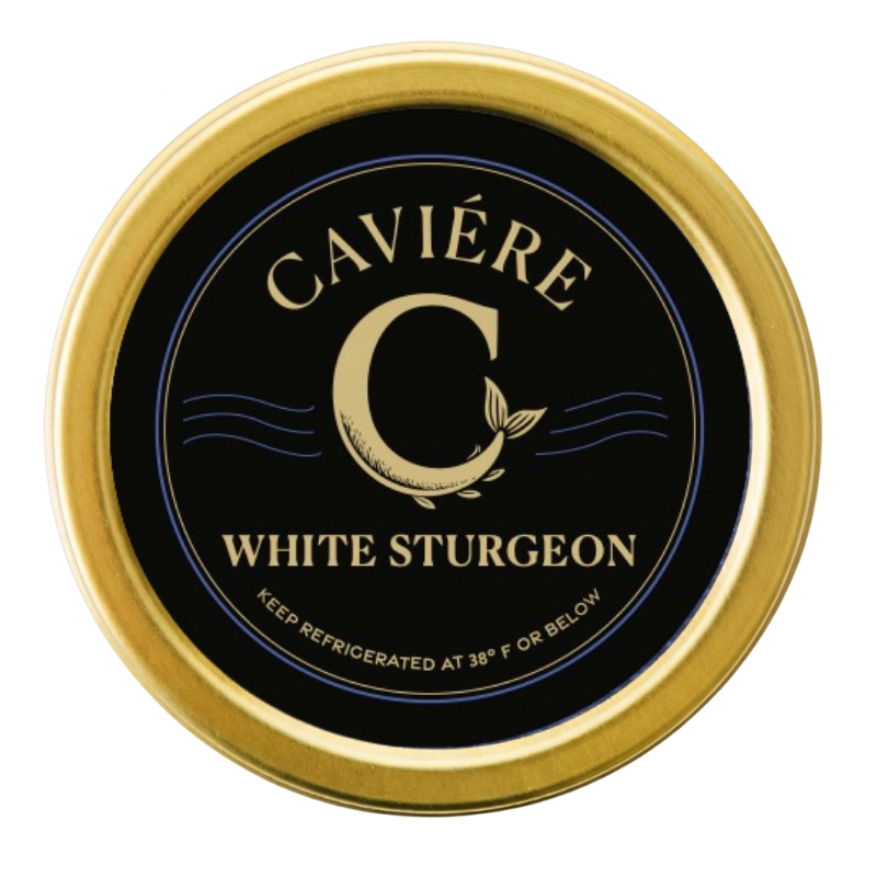 White Sturgeon caviar from Caviére in a closed gold tin with a black White Sturgeon label