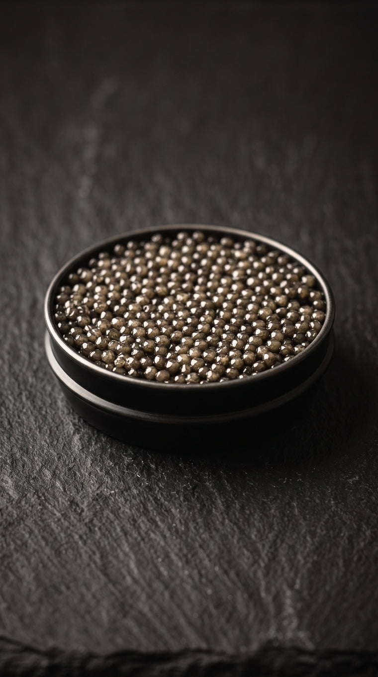 Open private label caviar tin filled with glossy sturgeon caviar